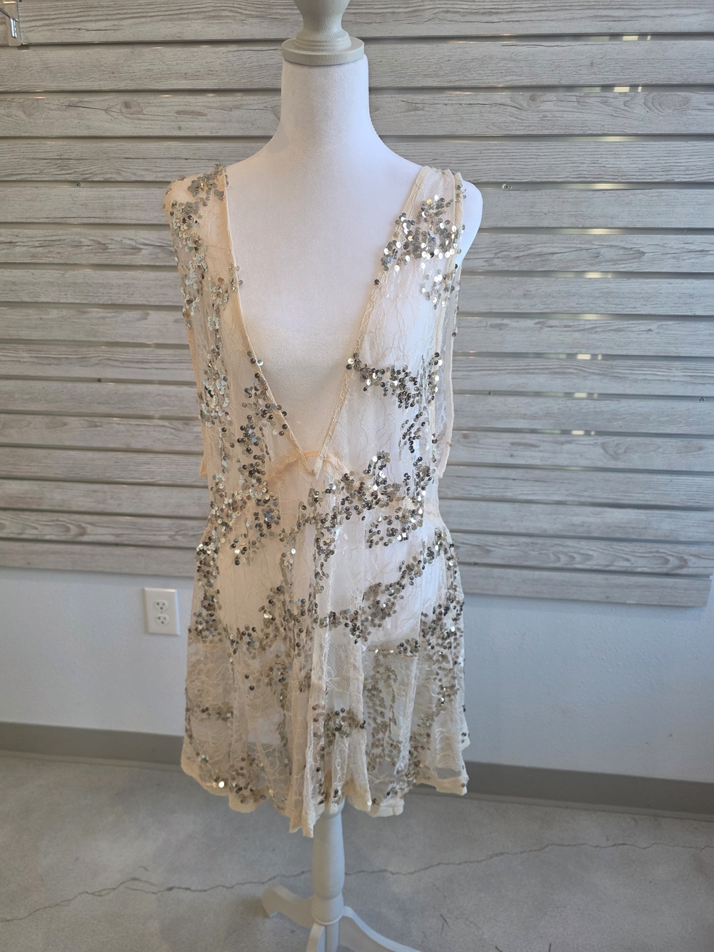 Free People Sheer Beaded Backless Dress with Gold Sequins